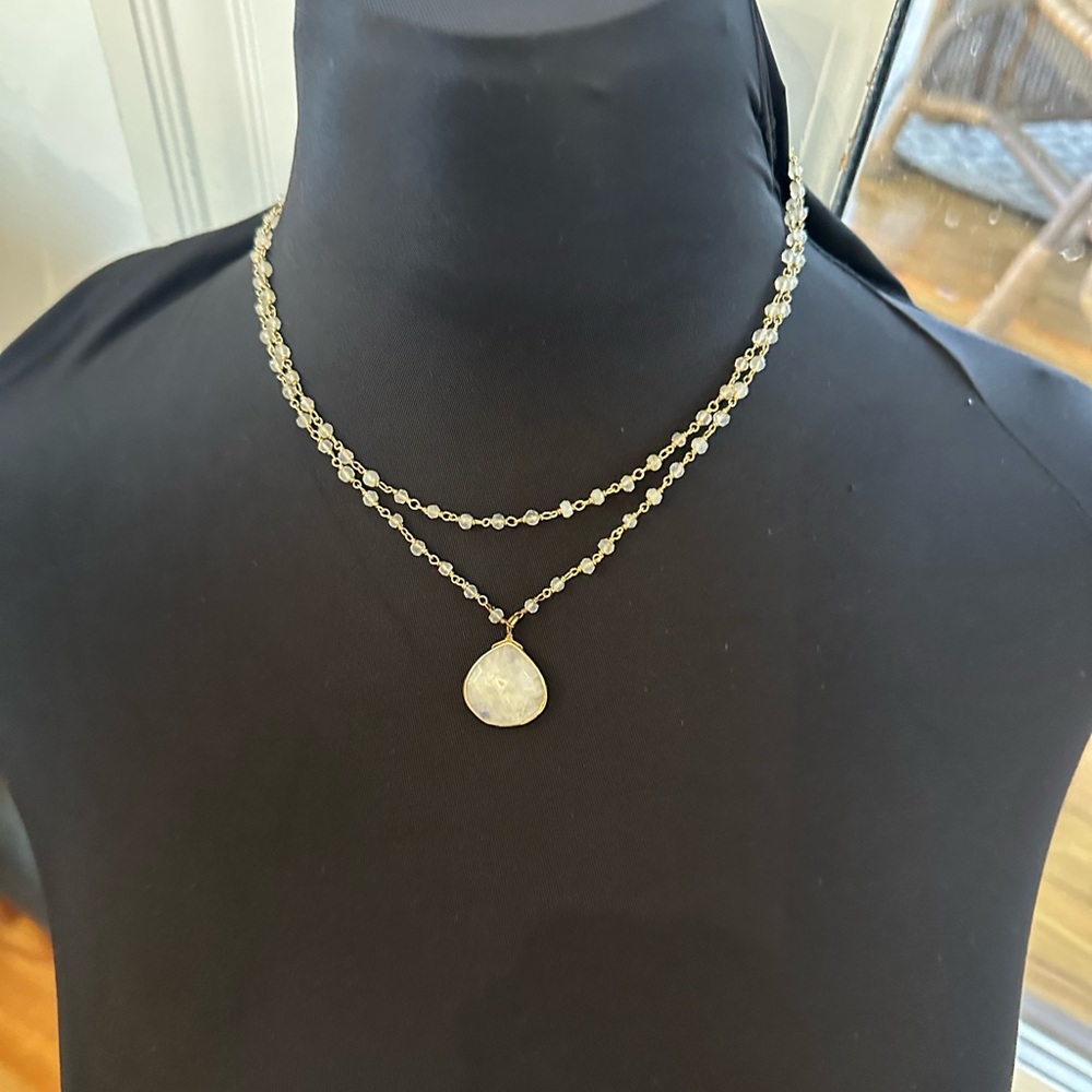Signed Rachel Reinhardt double strand necklace with blue stones & pendant